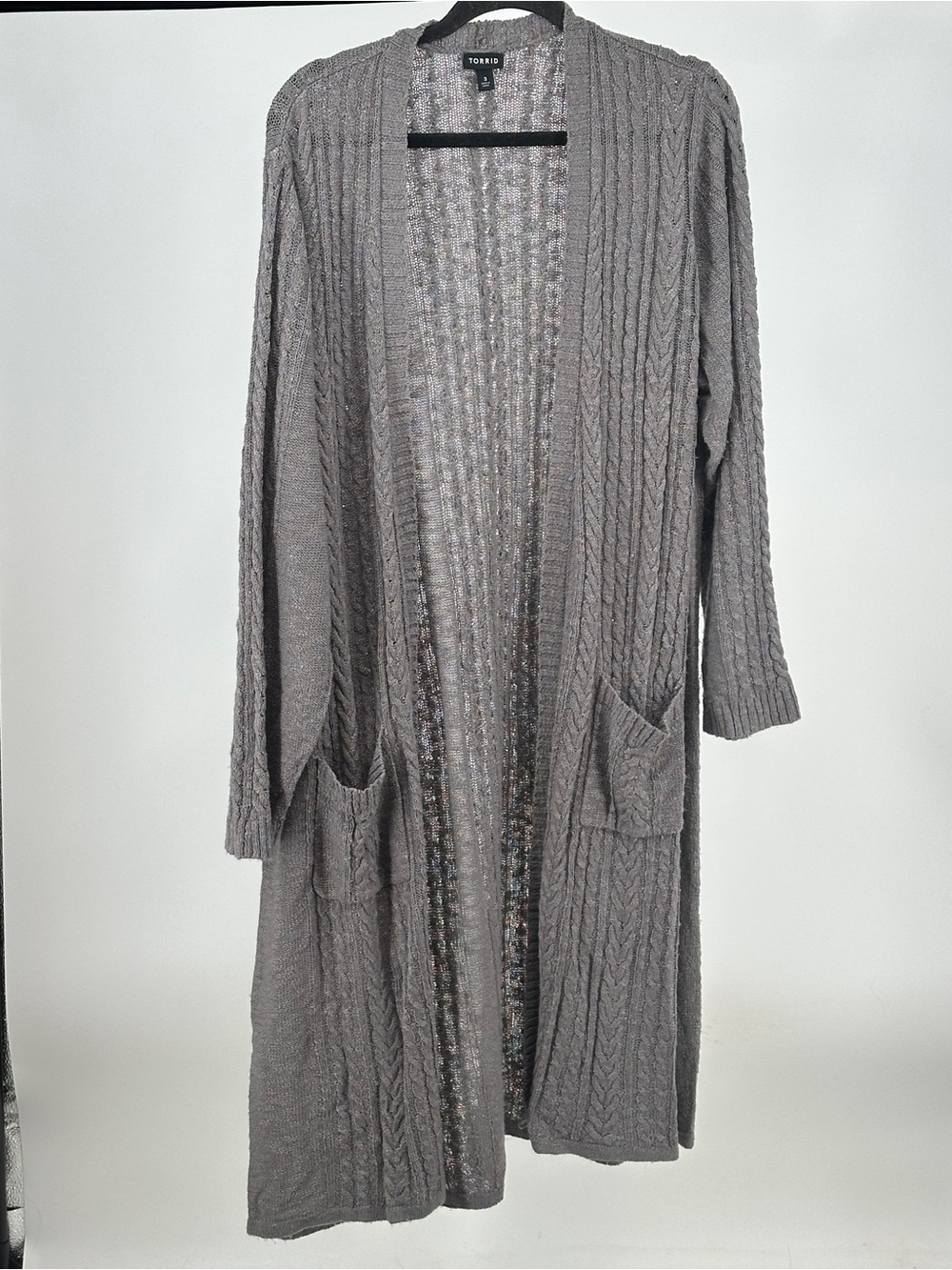 torrid 3X Light Gray Cable Knit Long Open Cardigan Duster Boho Fall Cozy